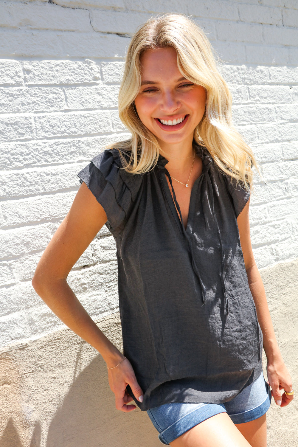 Weekend Ready Charcoal Frill Front Tie Double Ruffle Sleeve Top