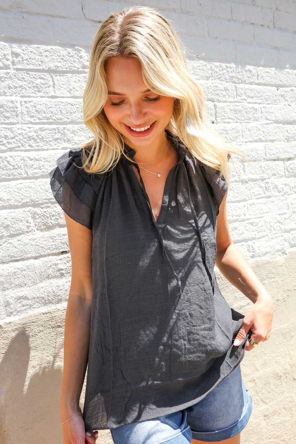 Weekend Ready Charcoal Frill Front Tie Double Ruffle Sleeve Top