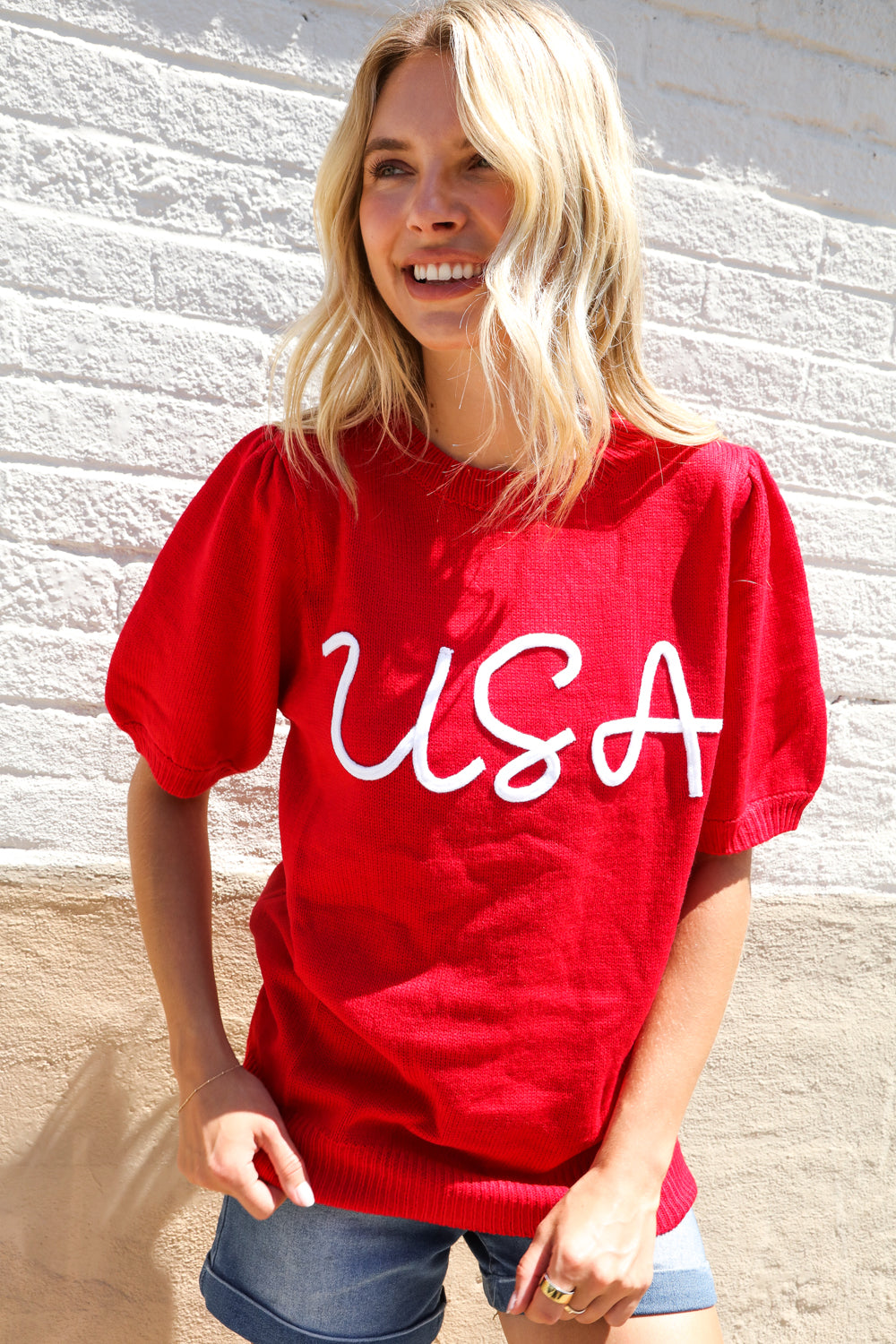 Patriotic USA Red Knit Embroidery Puff Sleeve Sweater Top