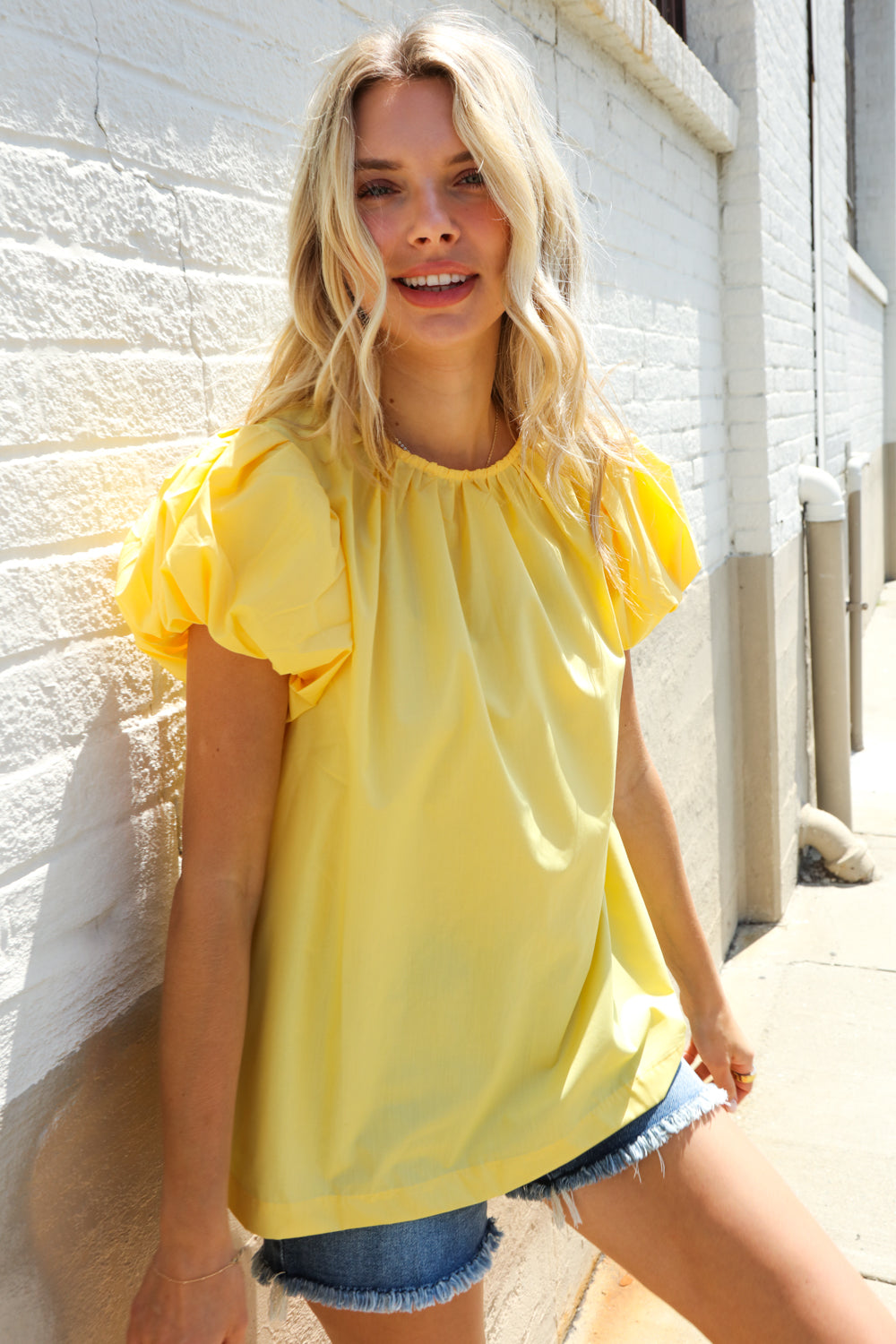 Picture Perfect Yellow Cotton Pleated Puff Short Sleeve Blouse