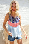Vacay Vibes Coral/Blue Boho Print Color Block Sleeveless Top