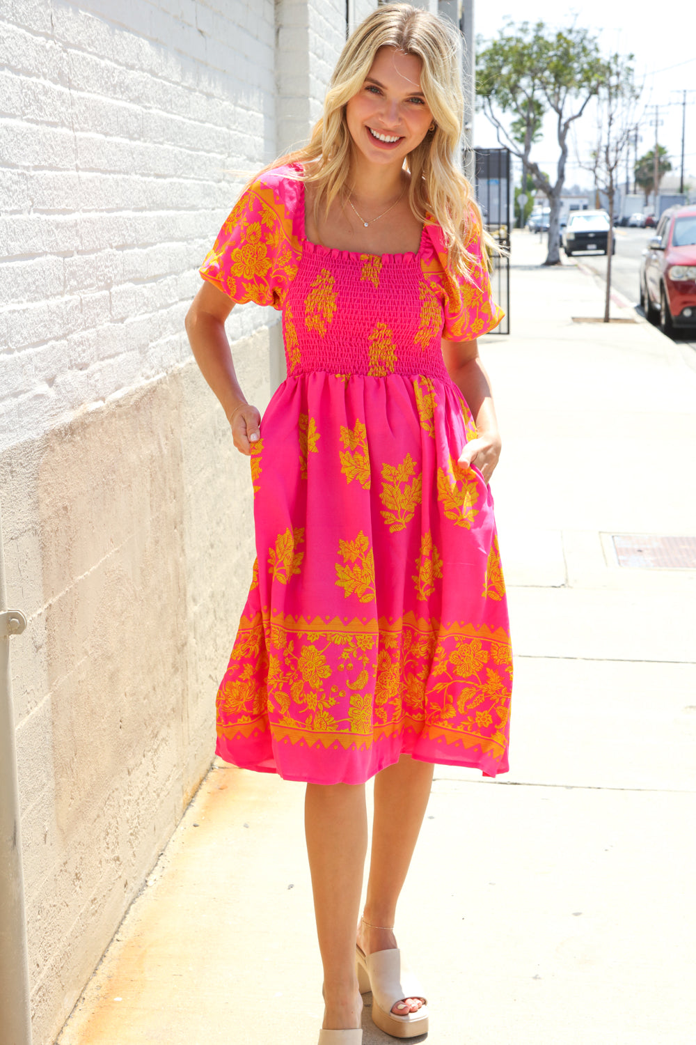 Beautiful You Coral Floral & Border Print Smocked Dress