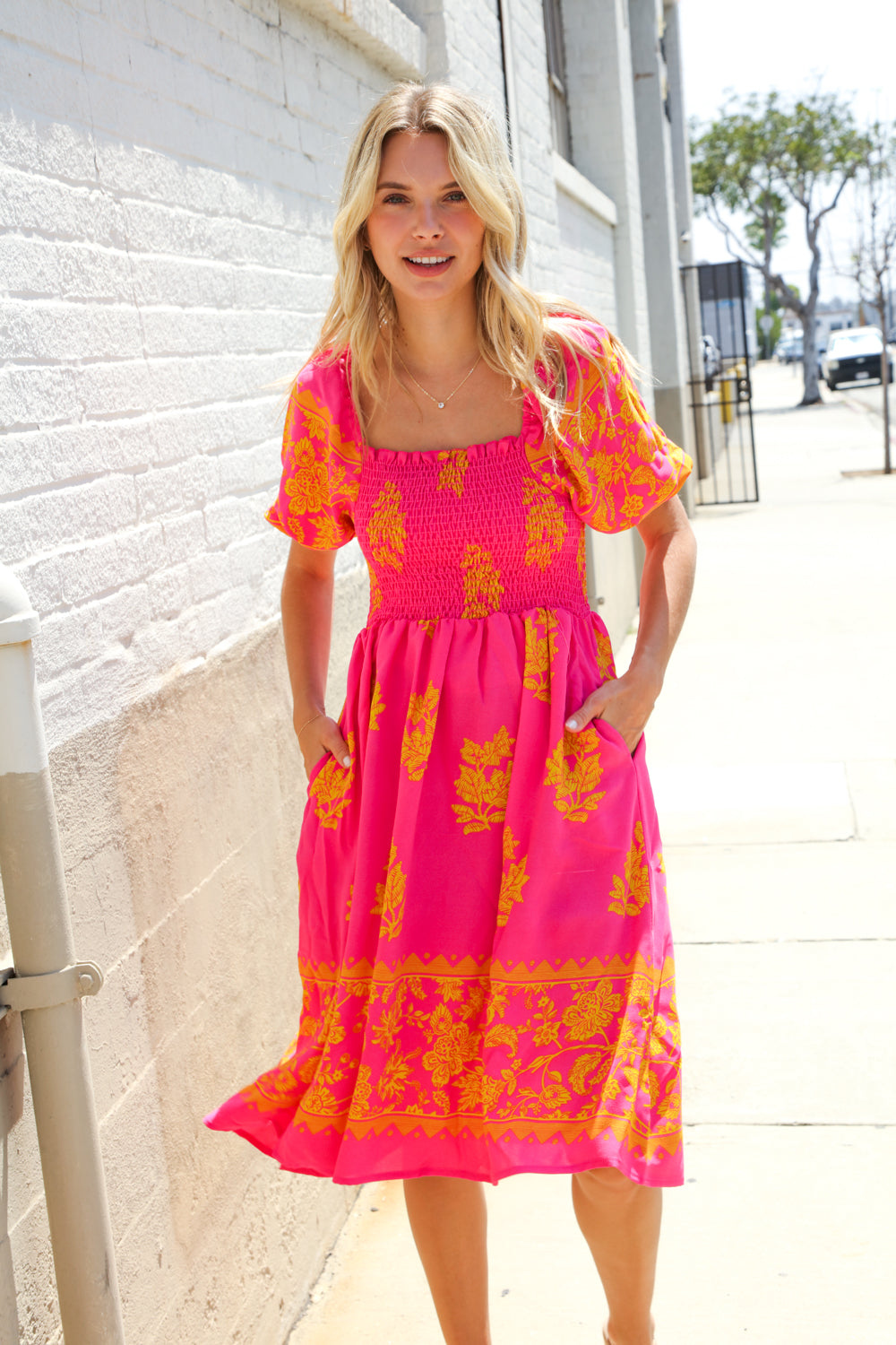 Beautiful You Coral Floral & Border Print Smocked Dress