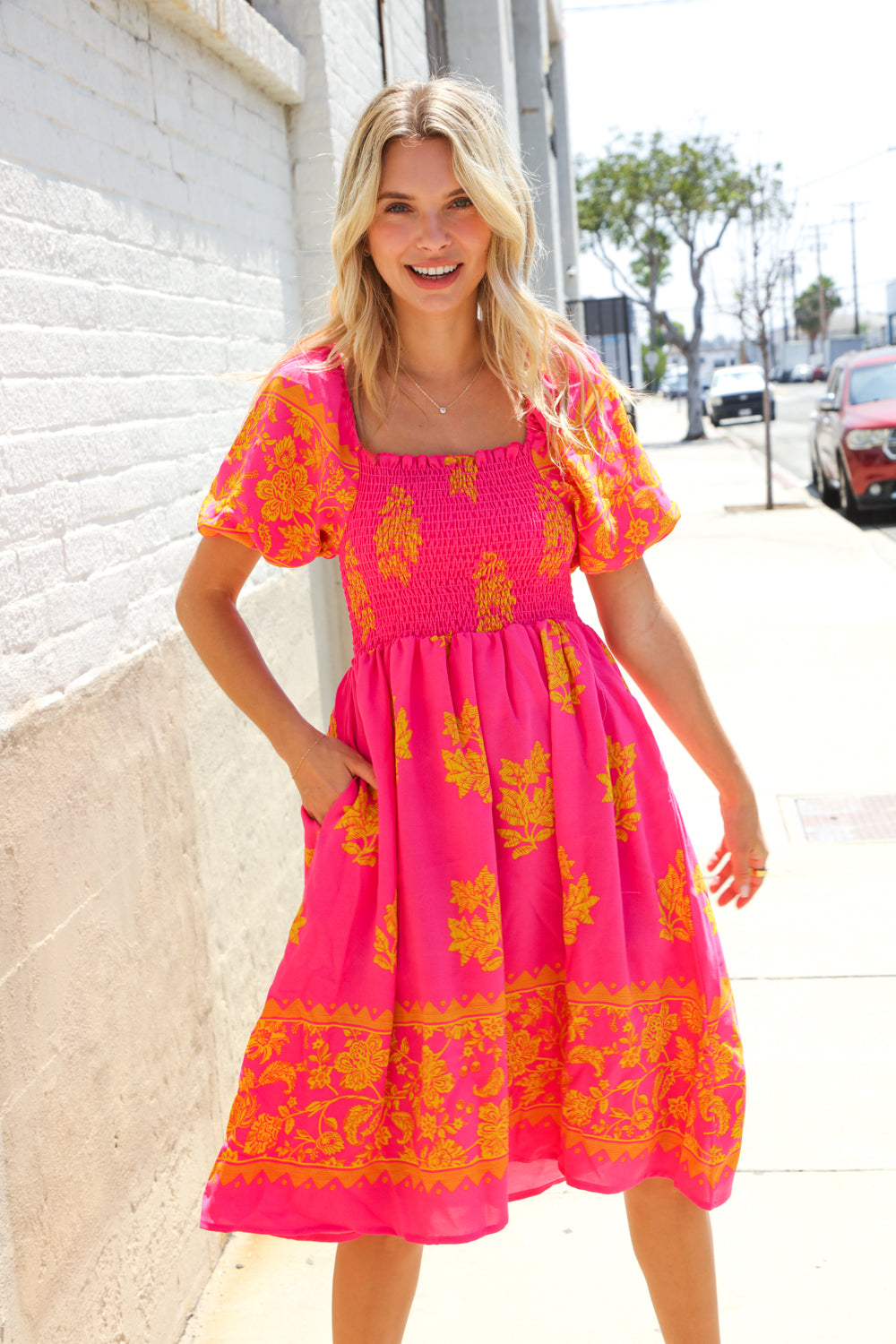 Beautiful You Coral Floral & Border Print Smocked Dress