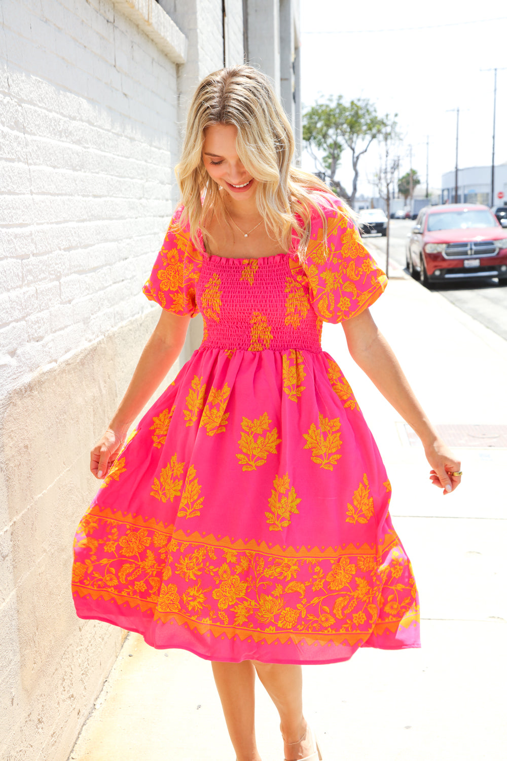 Beautiful You Coral Floral & Border Print Smocked Dress