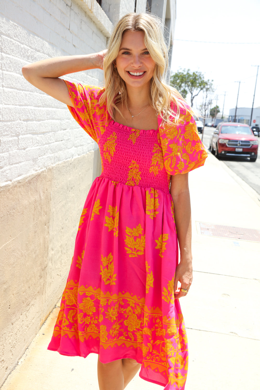 Beautiful You Coral Floral & Border Print Smocked Dress