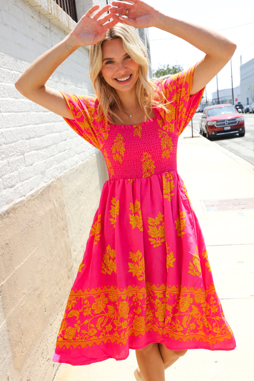 Beautiful You Coral Floral & Border Print Smocked Dress