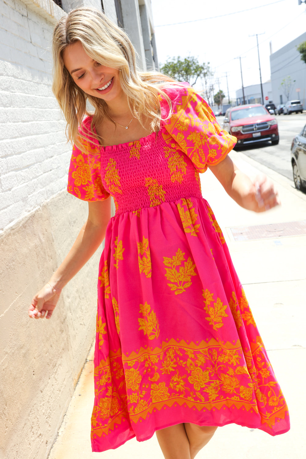Beautiful You Coral Floral & Border Print Smocked Dress
