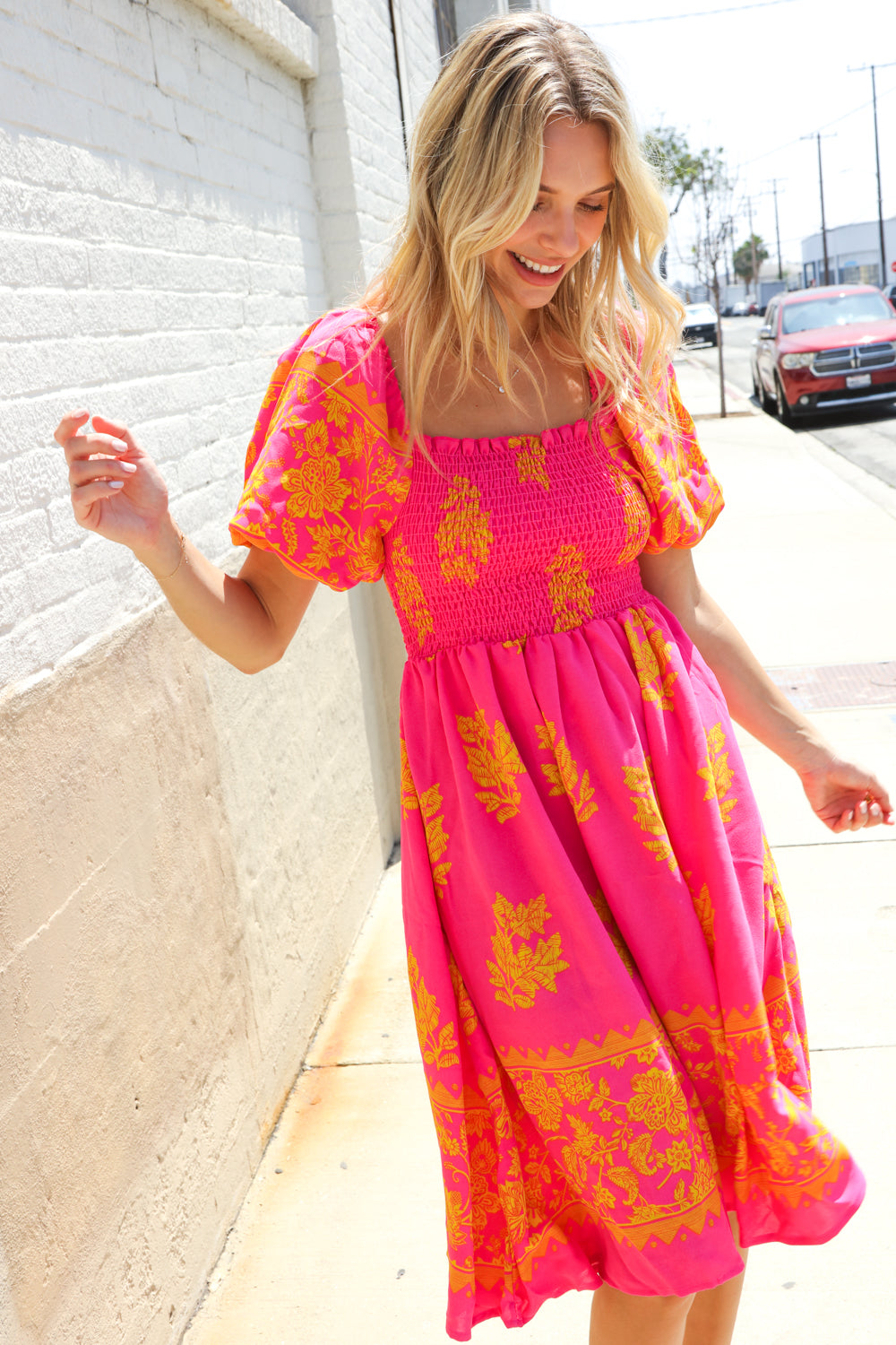 Beautiful You Coral Floral & Border Print Smocked Dress