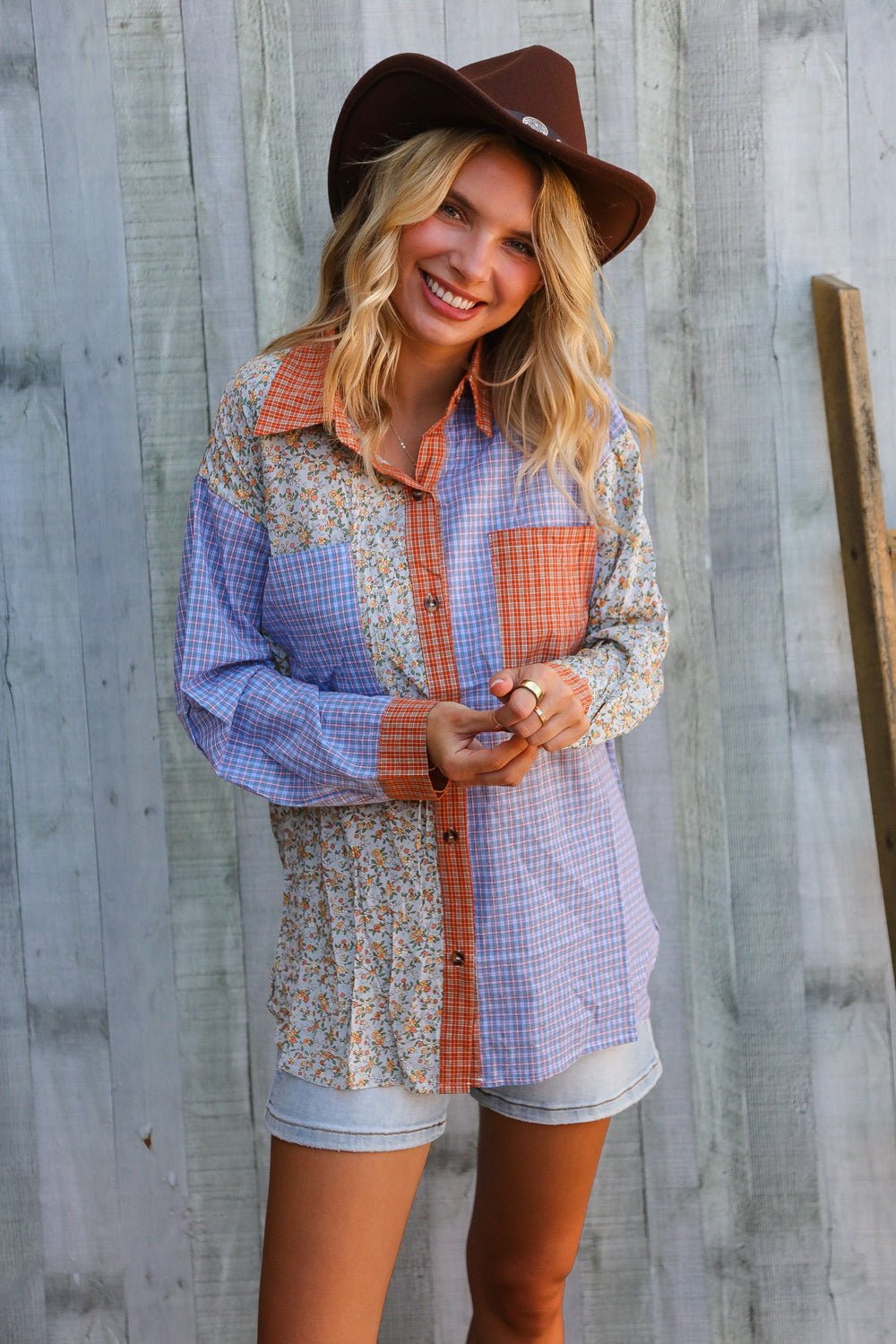 Lock Eyes Lilac Plaid & Ditzy Floral Color Block Shirt Top