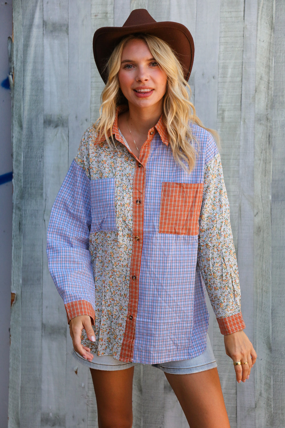 Lock Eyes Lilac Plaid & Ditzy Floral Color Block Shirt Top