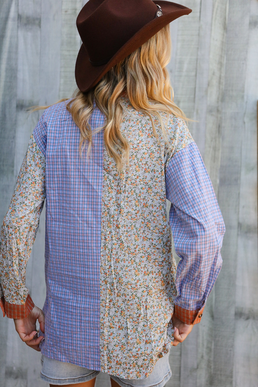 Lock Eyes Lilac Plaid & Ditzy Floral Color Block Shirt Top