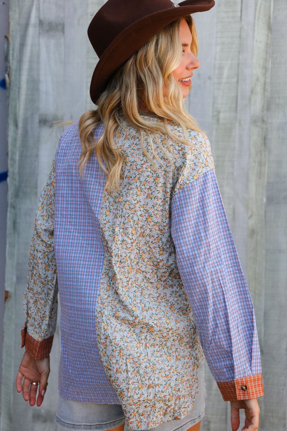 Lock Eyes Lilac Plaid & Ditzy Floral Color Block Shirt Top