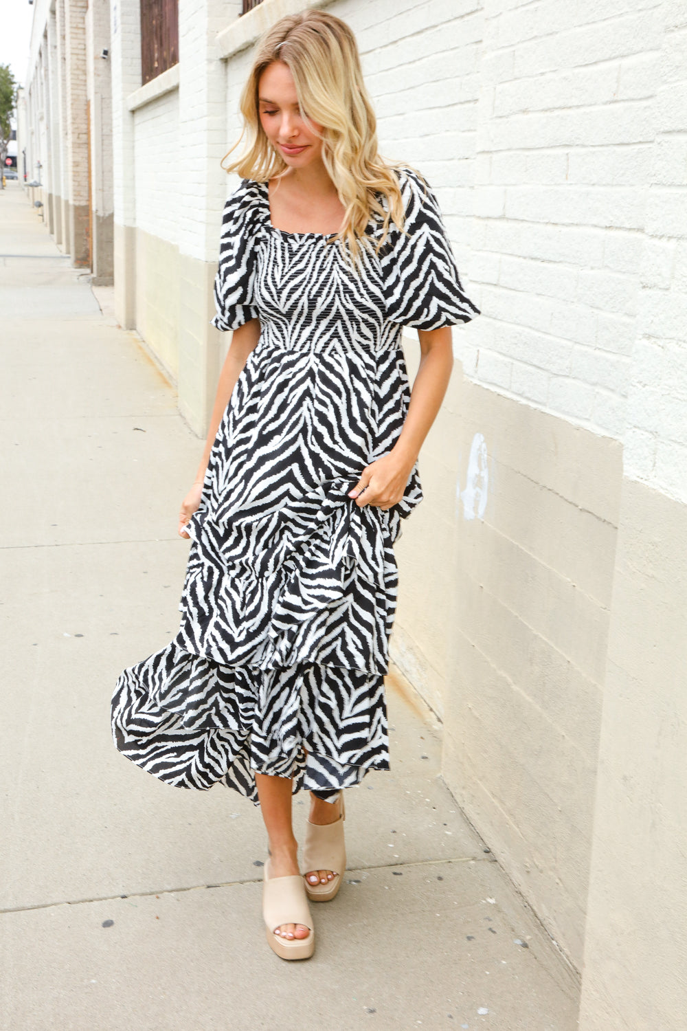 Look My Way Black/White Abstract Print Smocked Neck Maxi Dress
