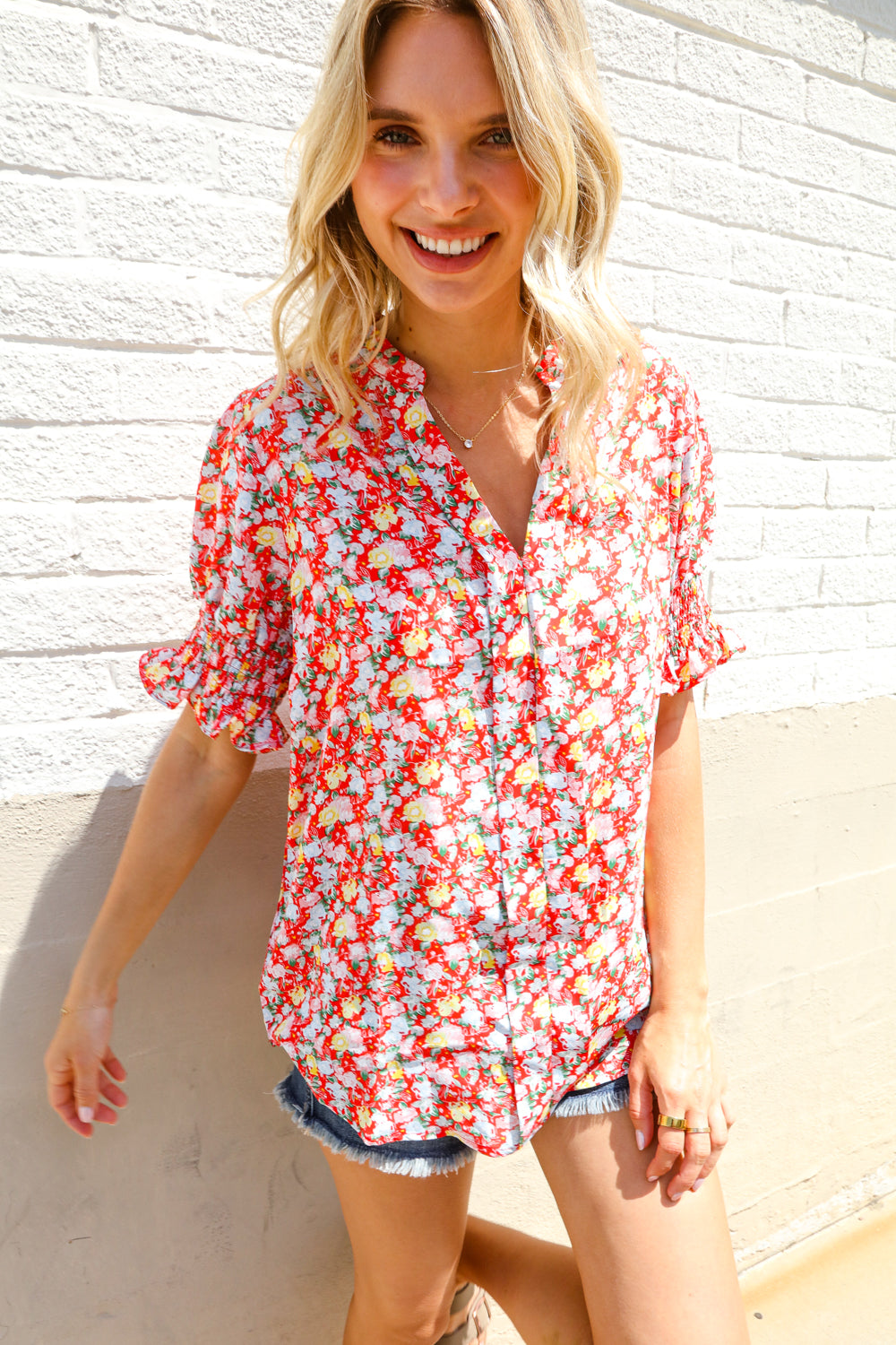 Elegant You Ruby Notched Neck Floral Smocked Sleeve Blouse