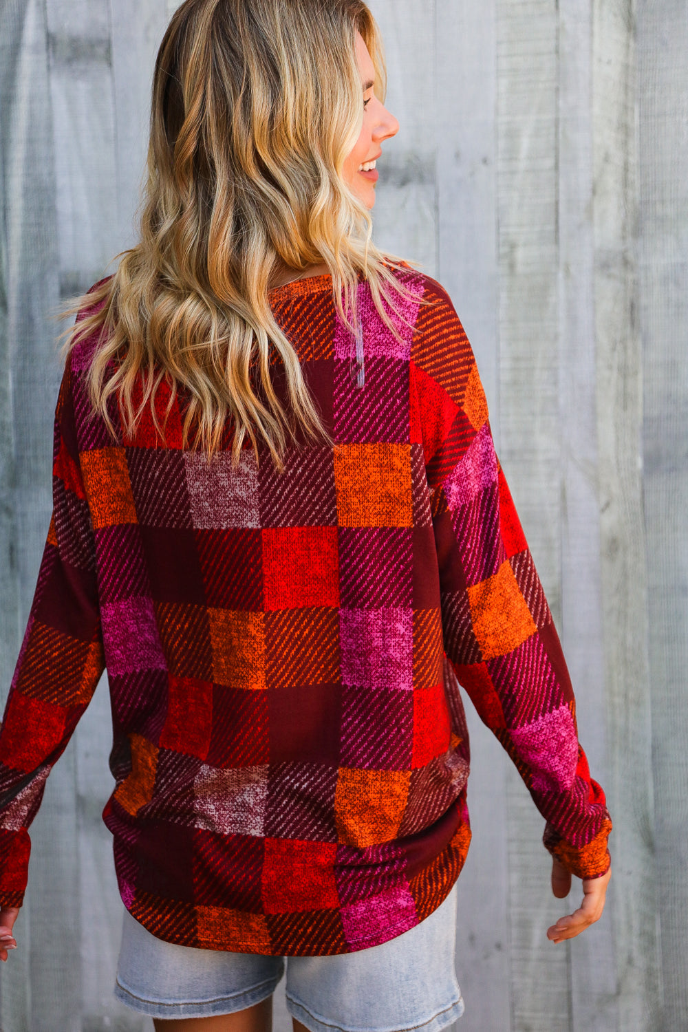 Autumn Embers Checker Plaid Long Sleeve Top
