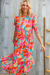 Dazzle In Orange & Aqua Floral Smocked Notched Neck Midi Dress
