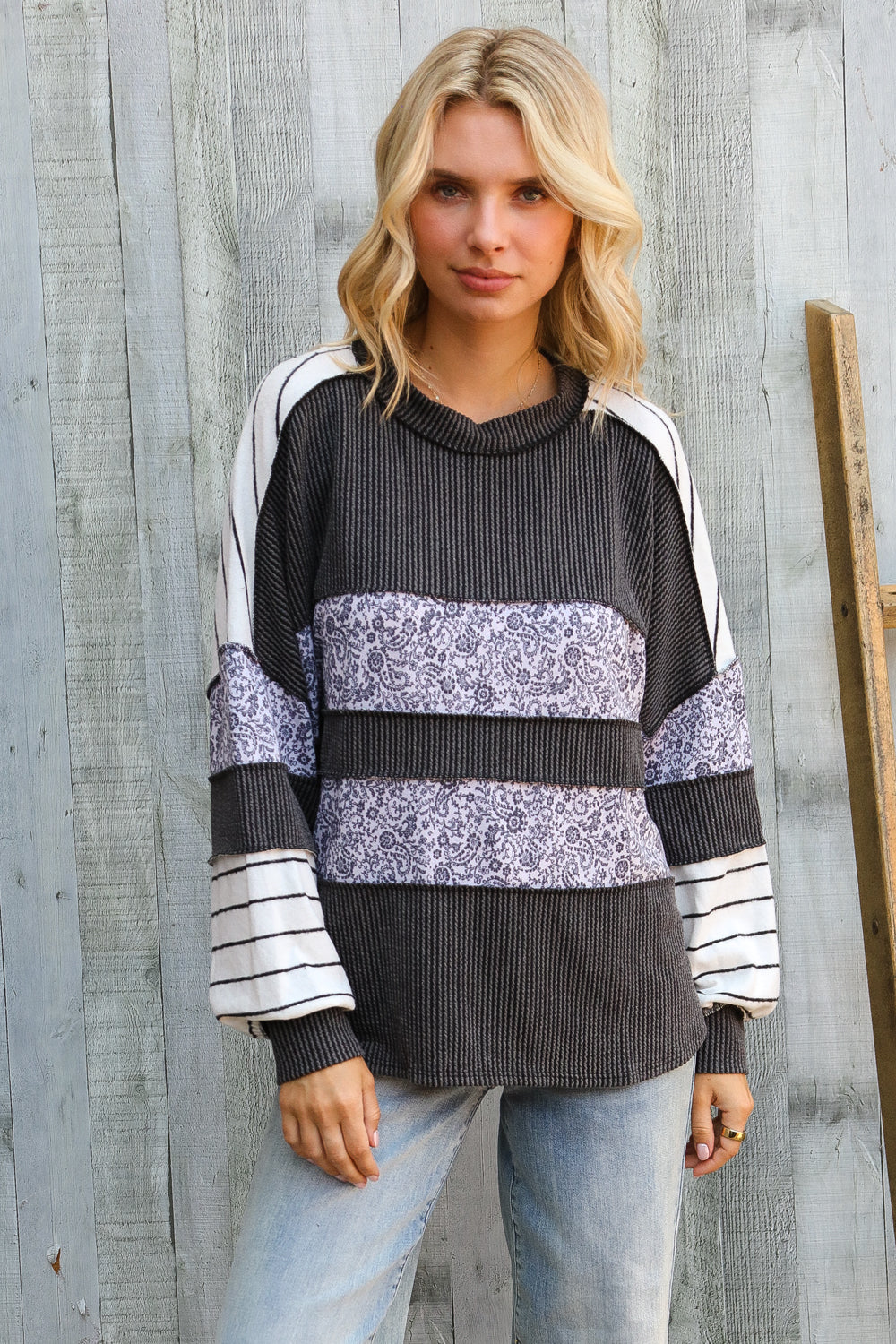 It's Go Time Charcoal Oversized Paisley Floral Print Pullover