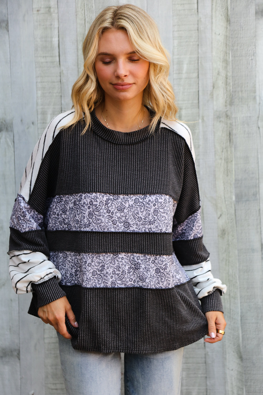 It's Go Time Charcoal Oversized Paisley Floral Print Pullover