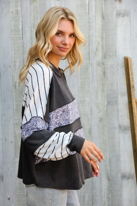 It's Go Time Charcoal Oversized Paisley Floral Print Pullover