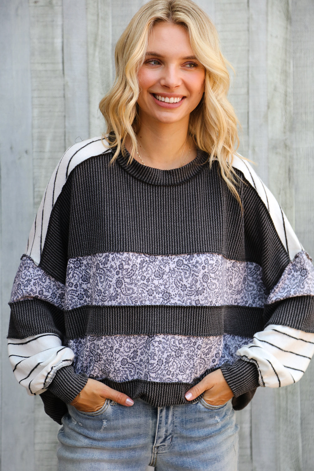 It's Go Time Charcoal Oversized Paisley Floral Print Pullover