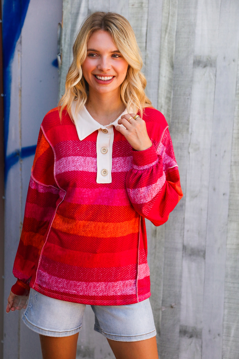 Berry Bright Days Striped Collared Reverse Seem Placket