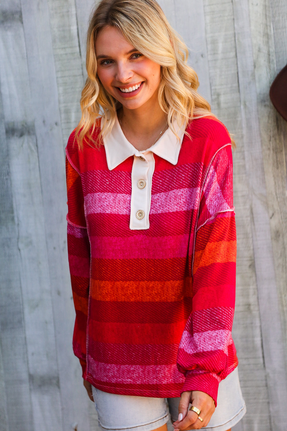 Berry Bright Days Striped Collared Reverse Seem Placket