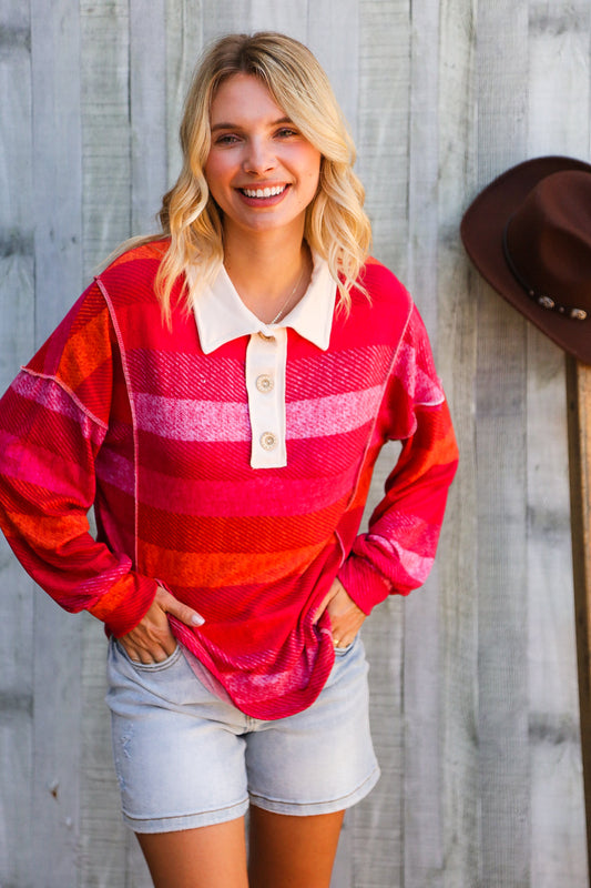 Berry Bright Days Striped Collared Reverse Seem Placket