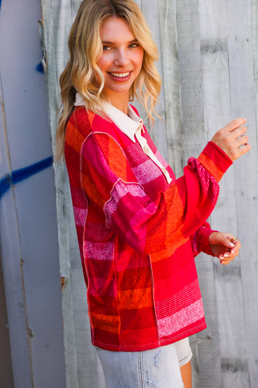 Berry Bright Days Striped Collared Reverse Seem Placket