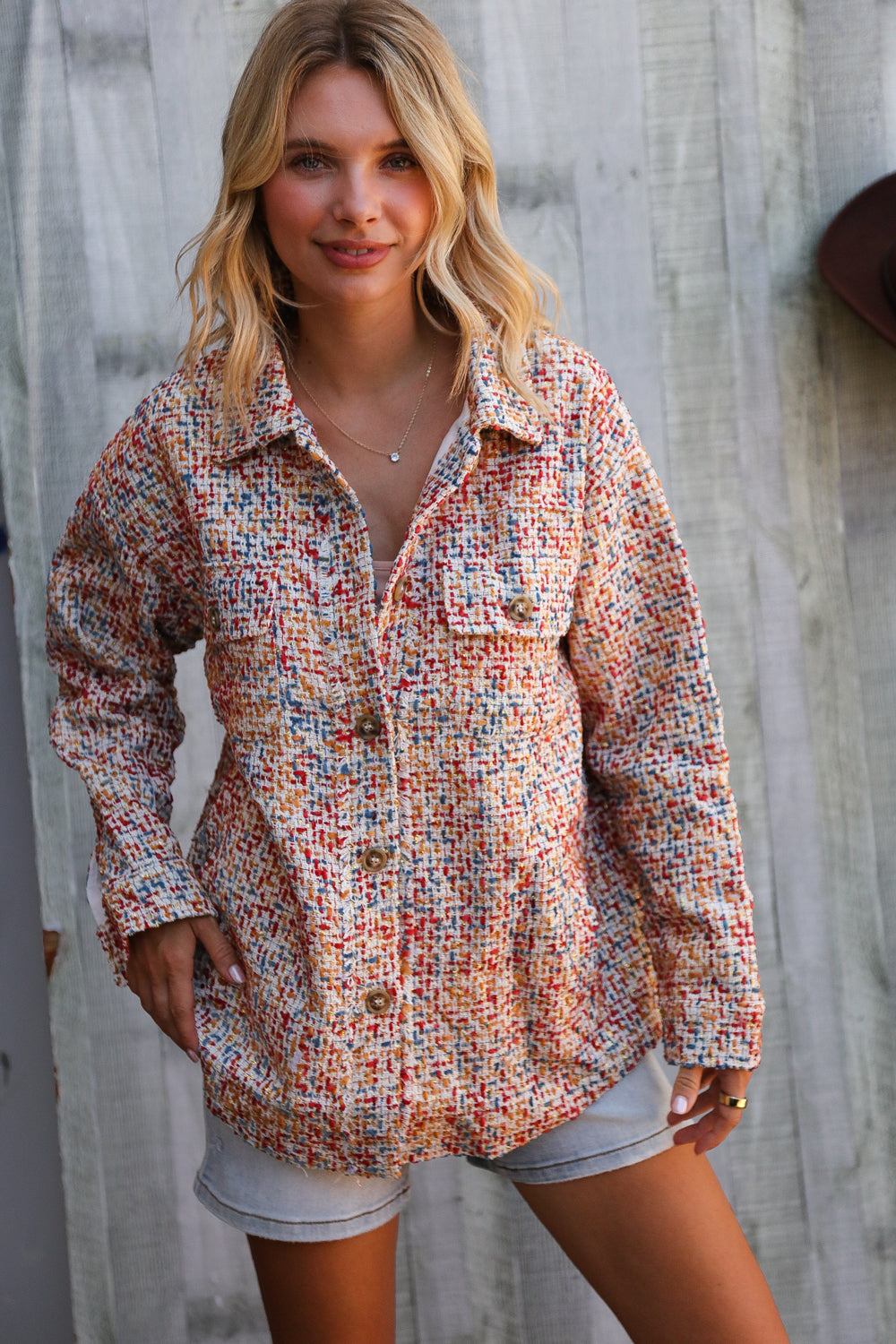 Casual Chic Multicolor Twill Long Sleeve Button-Down Shacket
