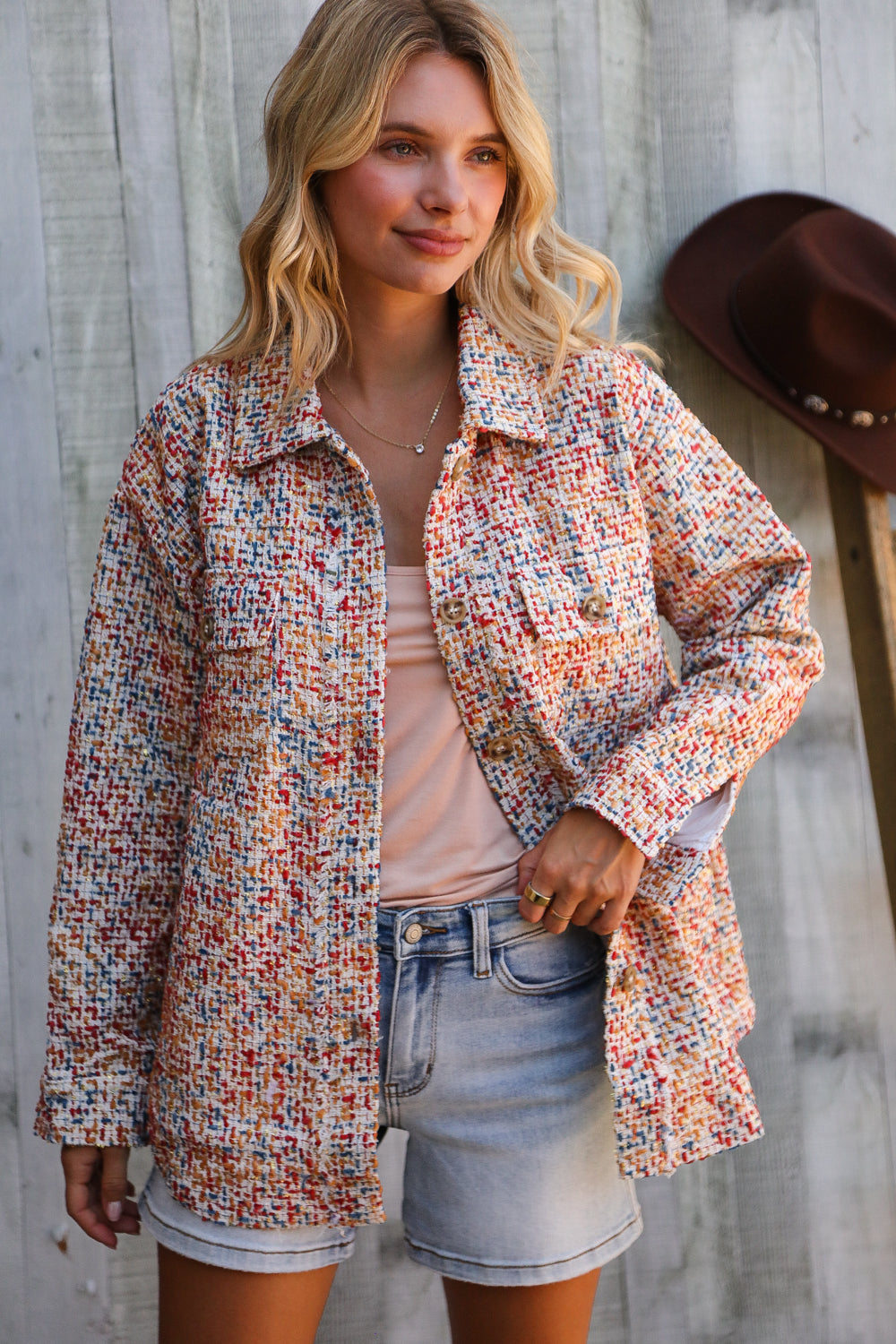 Casual Chic Multicolor Twill Long Sleeve Button-Down Shacket