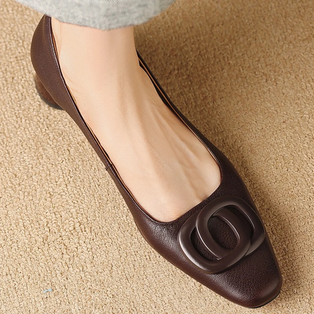Women's sheepskin square toe metal buckle slip-on pumps elegant ladies 3cm round low heel slim OL style daily dress heeled shoes