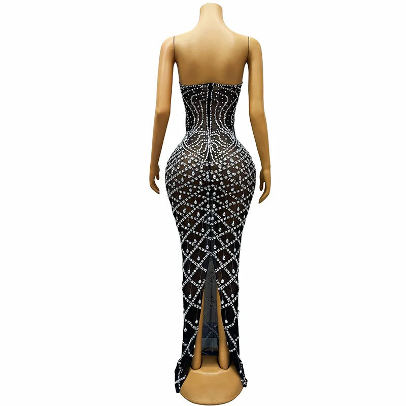 Black Diamond Model Contest Tube Top Temperament Elegant Performance Dress Full Of Diamonds Slim Dress Singers Annual Meeting