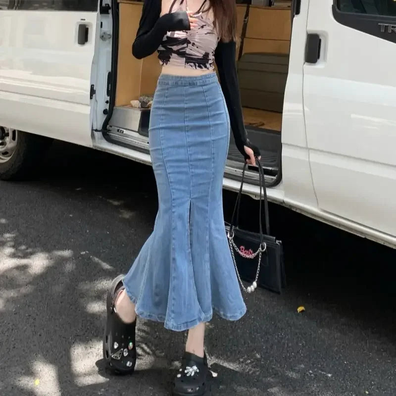 High Waist Jeans Skirts for Women Modest Vintage Harajuku Streetwear Premium Korean Fashion Cheap With Slit Woman Denim Skirt