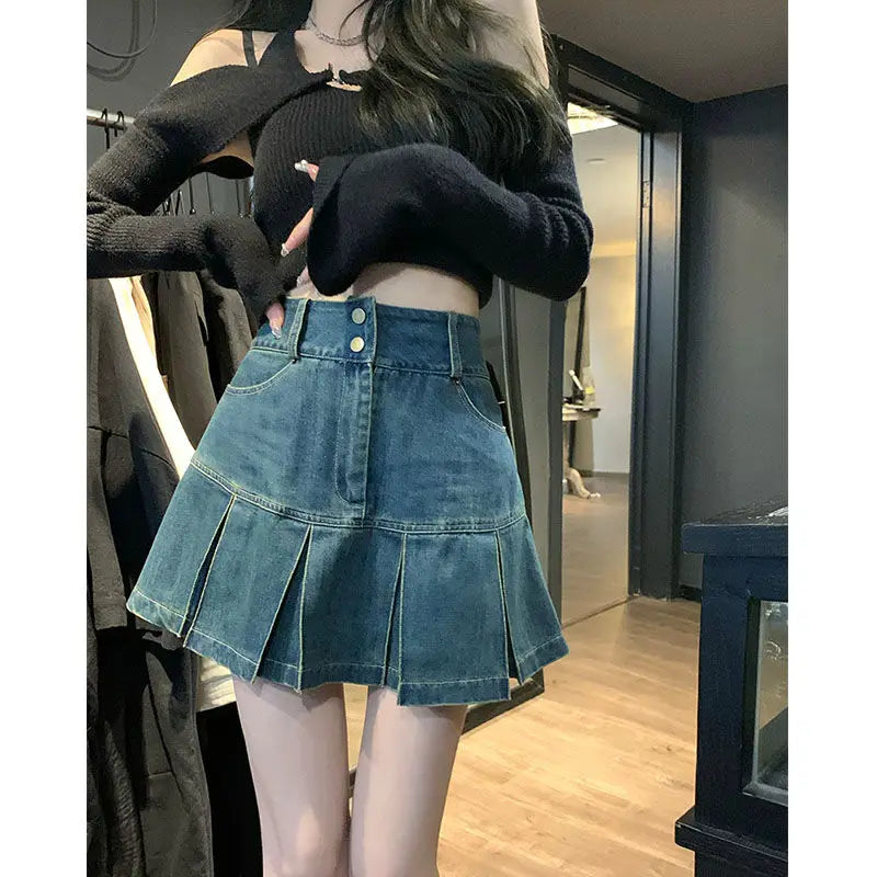 Woman Denim Skirt Mini Blue Jeans Skirts for Women High Waist Clothing Sales Vintage Aesthetic Y2k Casual Quality Modest Stylish