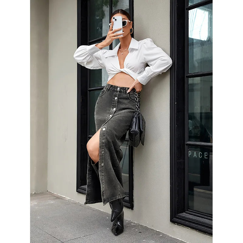 European and American Retro Trend Buckle Design Denim Skirt. New Fashion High-waisted Long Skirt for Women in Spring and Summe