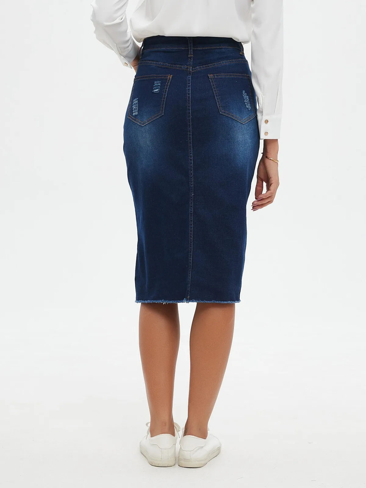 ZMTUO Dark Blue Denim Midi Skirt High waisted Distressed Slit Detail Women's Fashion Trendy Casual Look Street style