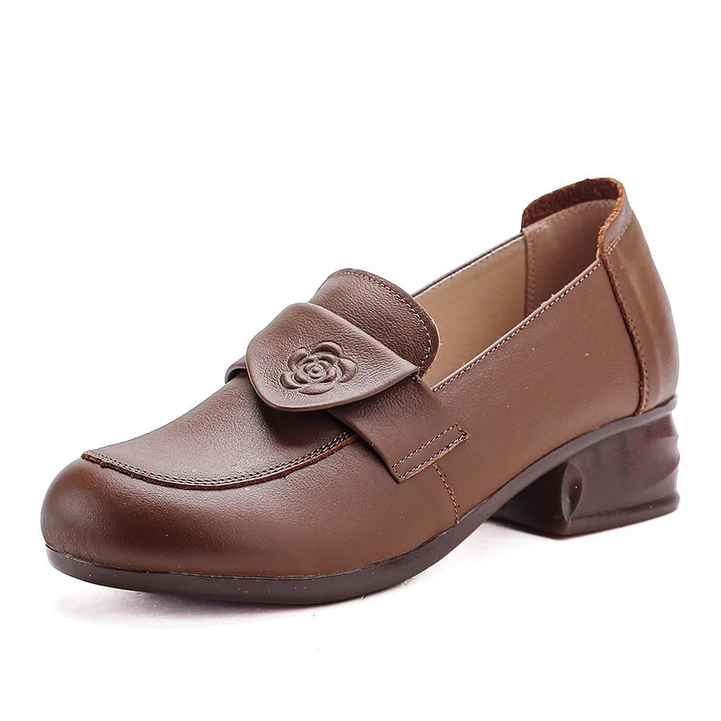 New antique chic rose pumps shoes women vintage heels genuine leather slip on shoes woman square heel pumps ladies dress shoes
