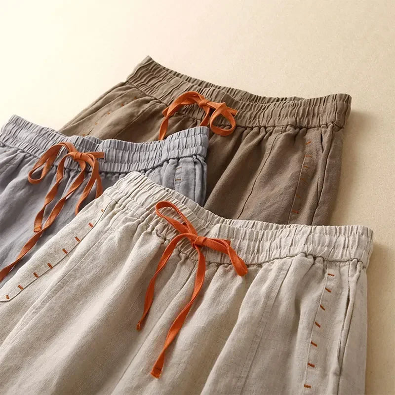 Gray Cotton Linen Casual Elastic High Waist Loose Wide Leg Women's Pants Ankle-Length Pants For Women Clothing 2025 Fashion