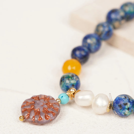 Hand Beaded Elastic Semi-Precious Synthetic Stone with Fresh Water Pearl and Czech Glass beadsBracelet  (6-016)