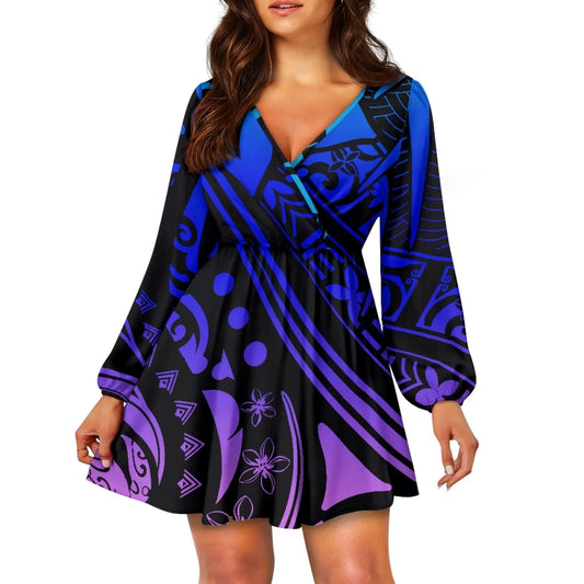 Teal Polynesian Tribal Design V Neck Dress Samoa Puletasi Plus Size Women's V Neck Dress Custom Island Style