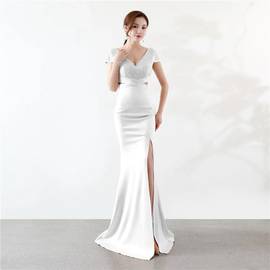 Customized  Cap Sleeve V Neck Cross Waist Side Slit Backless Dress Cocktail Party Evening Gowns For Women