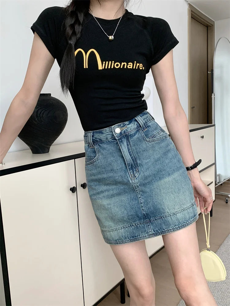 Y2K 2025 Summer Women's Jeans Skirt - Light Blue High Waist Denim Bodycon Mini Skirt with Lining Clubwear 2497