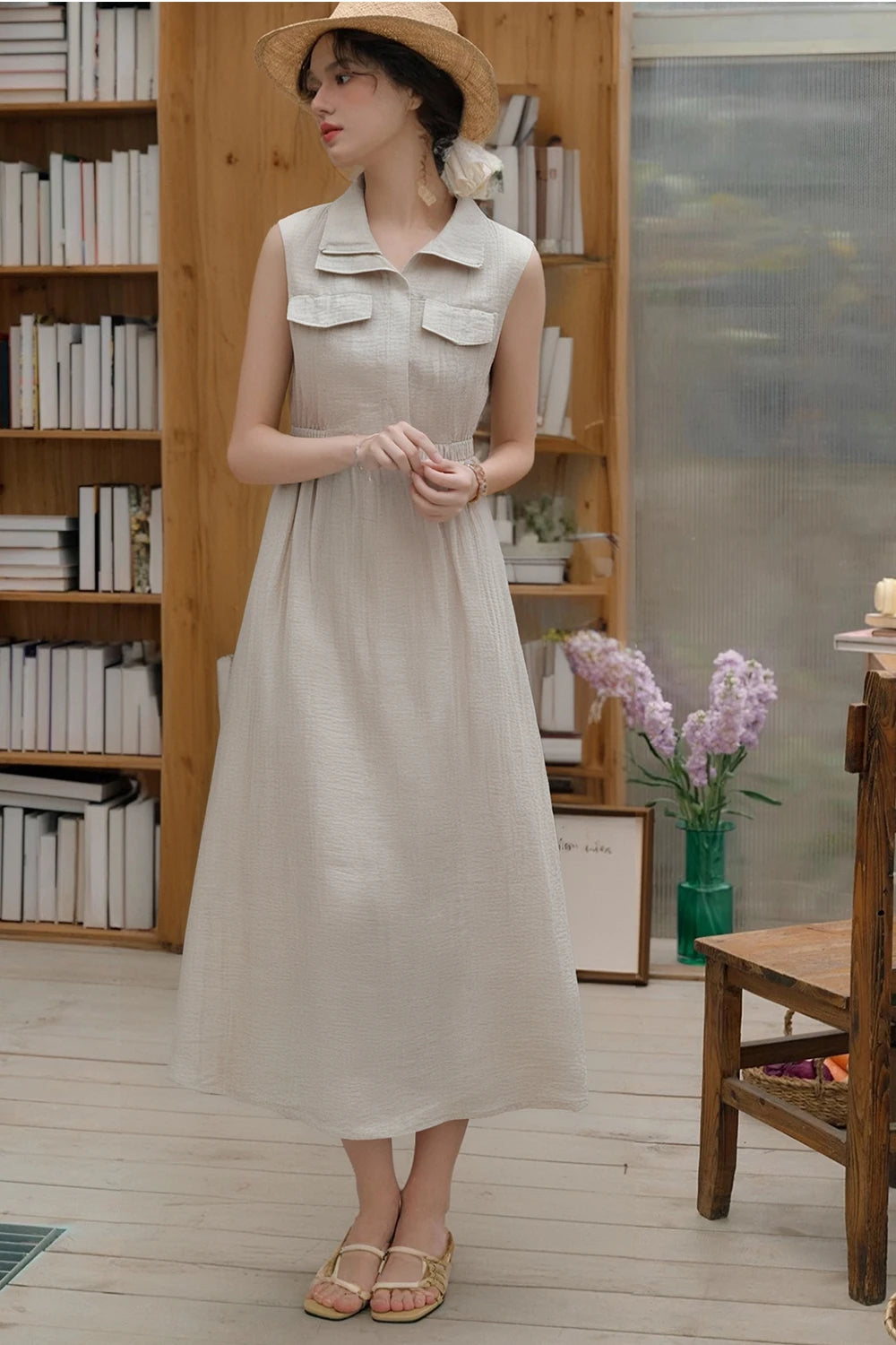 VIMLY Women Office Lady Vest Dress 2025 Summer Casual Sleeveless Lapel Dress Simple Elegant Style Commuter Sundress with Pockets