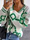 Plus Size Women's Casual V-Neck Letter Print Buttoned Loose Cardigan, Spring And Autumn Long Sleeve Sweater Jacket Buttoned