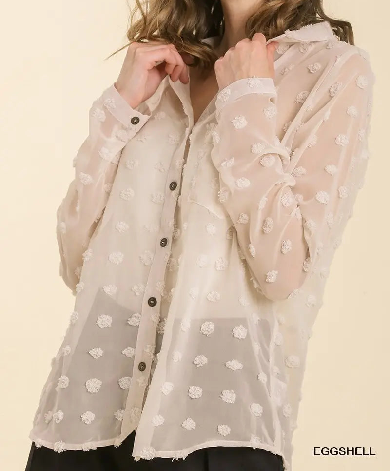 Sheer Collar Button Down Swiss Dot Top (NP) - 2 Colors