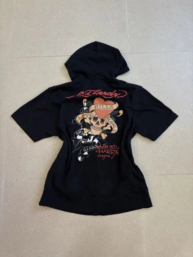 Summer Short sleeved Hoodie Zipper Gyaru Subculture 2000s Streetwear Hooded Hip Hop Y2k Clothes Grunge Harajuku Hot Girl Blouse