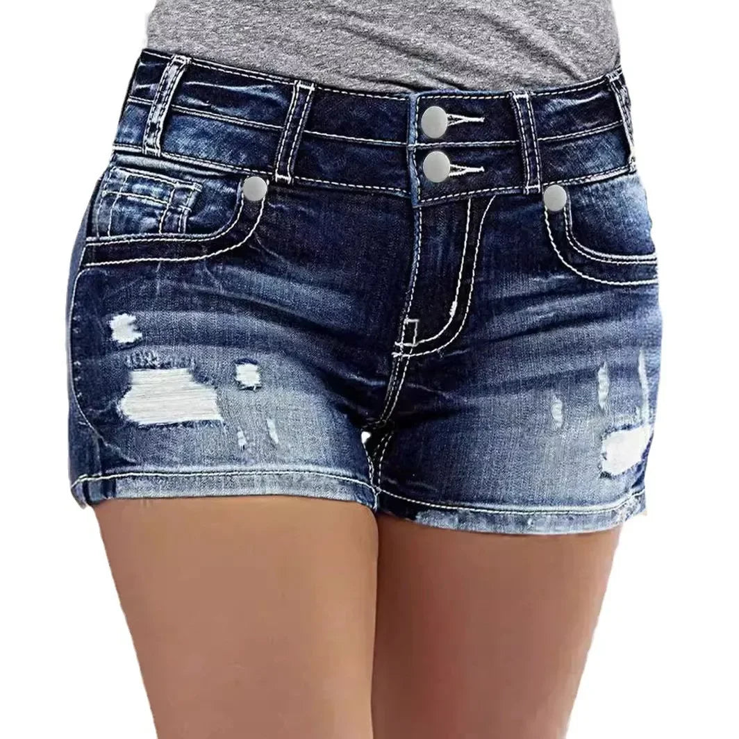 Street Trend Retro Double-button High-waisted Denim Shorts.New Summer Fashion Washed Ripped Stretch Casual Short Jeans for Women