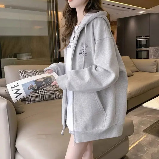 2024 spring, autumn and winter new lazy wind loose long-sleeved top embroidered pattern hooded sweater girls cardigan jacket