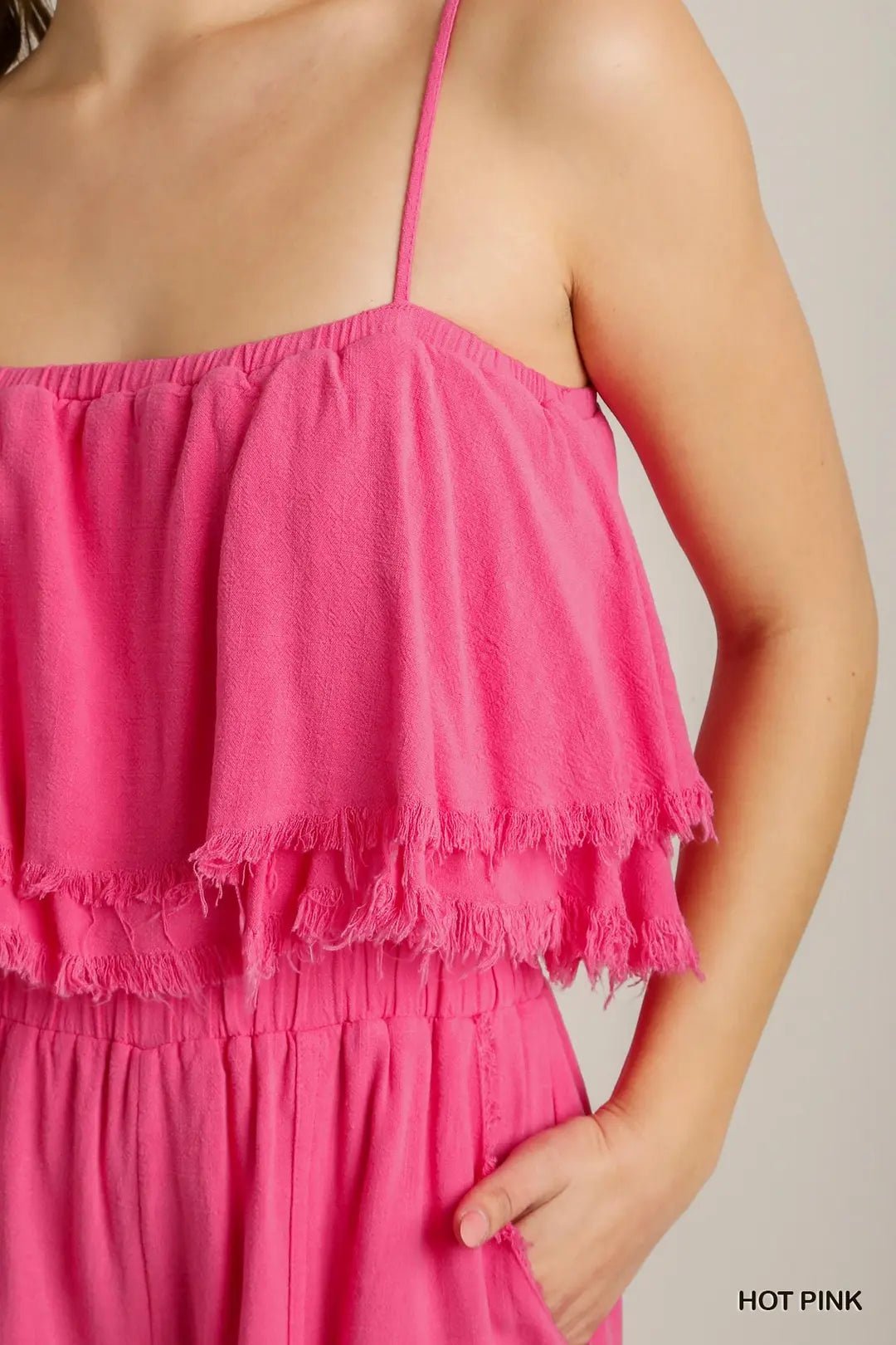 Spaghetti Strap Tiered Ruffle Unfinished Hem Jumpsuit (NP) - Hot Pink! - Nikki and Co Boutique